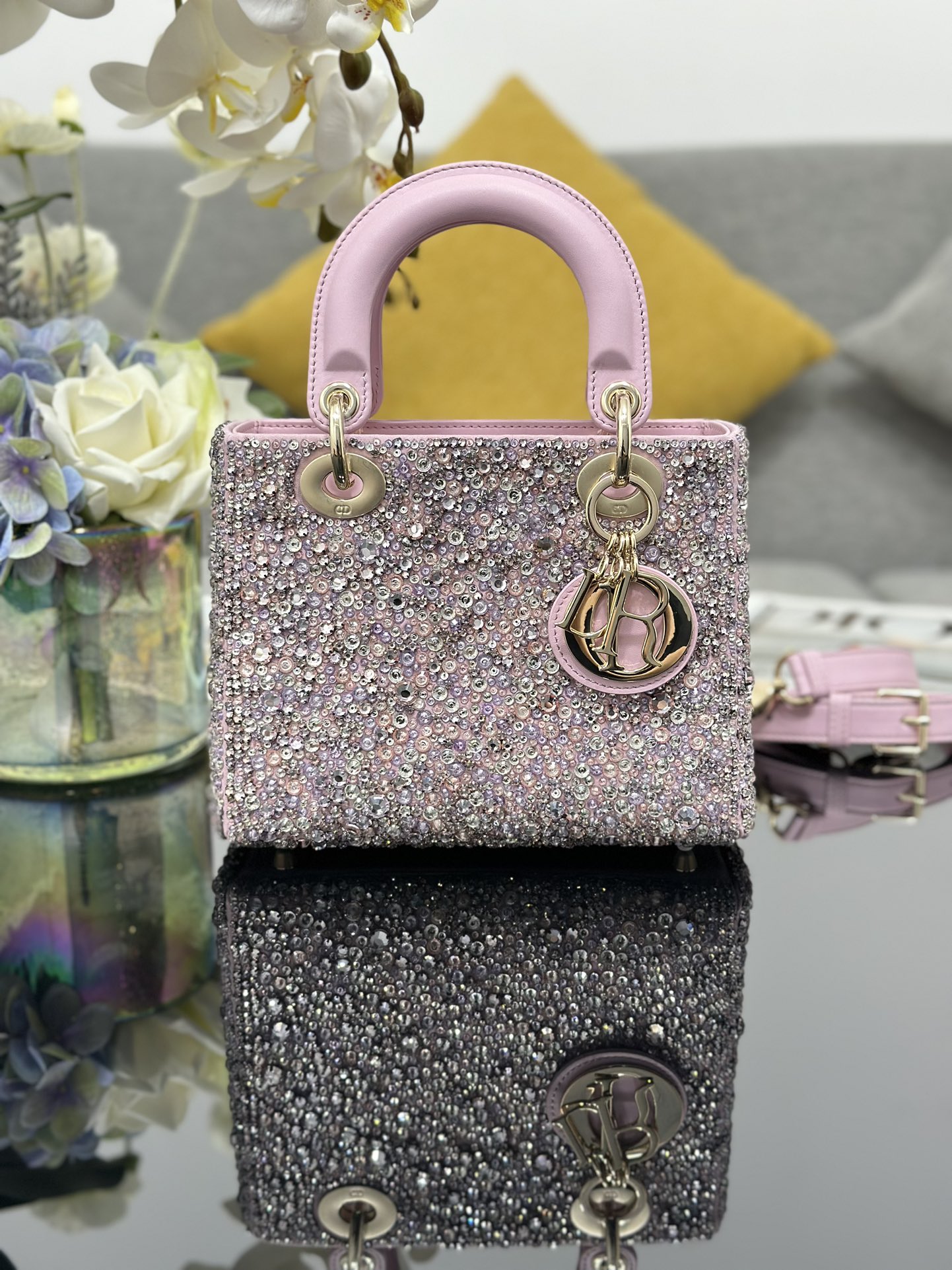 Small Lady Dior Bag Pink Satin Embroidered with Bead Diamond